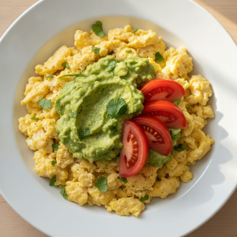Scrambled Eggs with Guacamole and Tomatoes