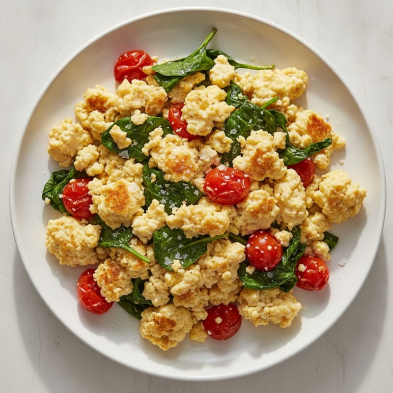 Cottage Cheese Egg Scramble with Spinach and Cherry Tomatoes