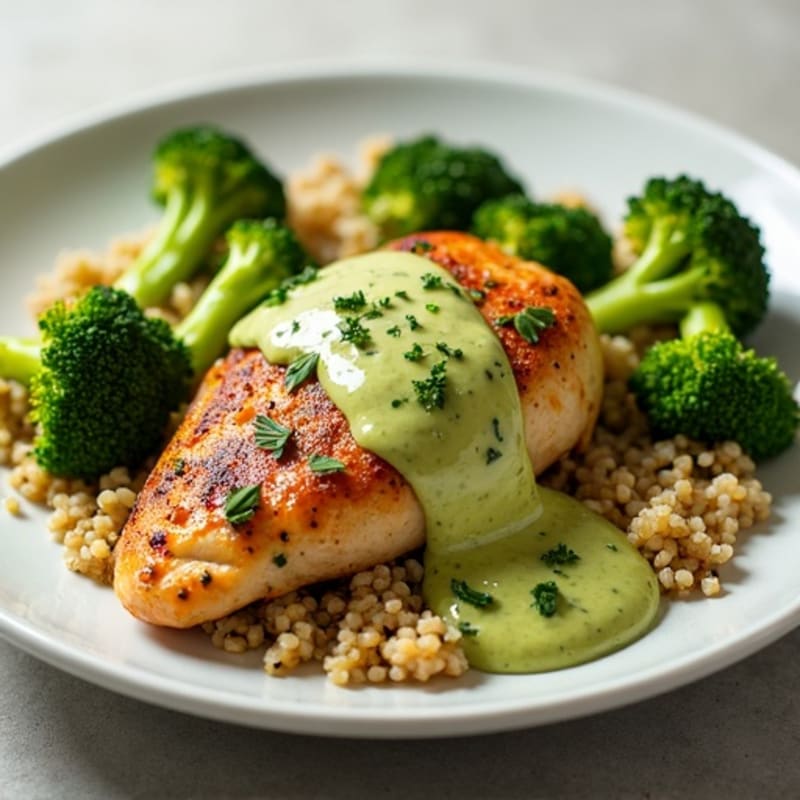 Herb-Roasted Chicken with Quinoa, Crispy Roasted Broccoli, and Creamy Avocado Dressing