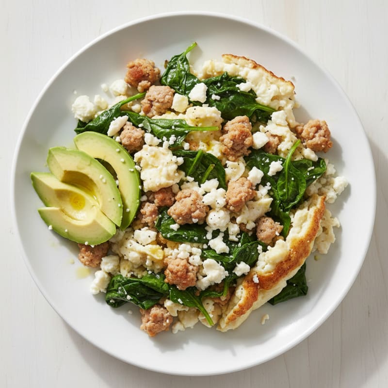 Egg White and Turkey Sausage Scramble with Sautéed Spinach