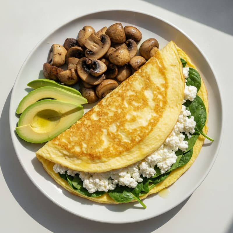 Egg White Spinach Omelet with Cottage Cheese and Sautéed Mushrooms