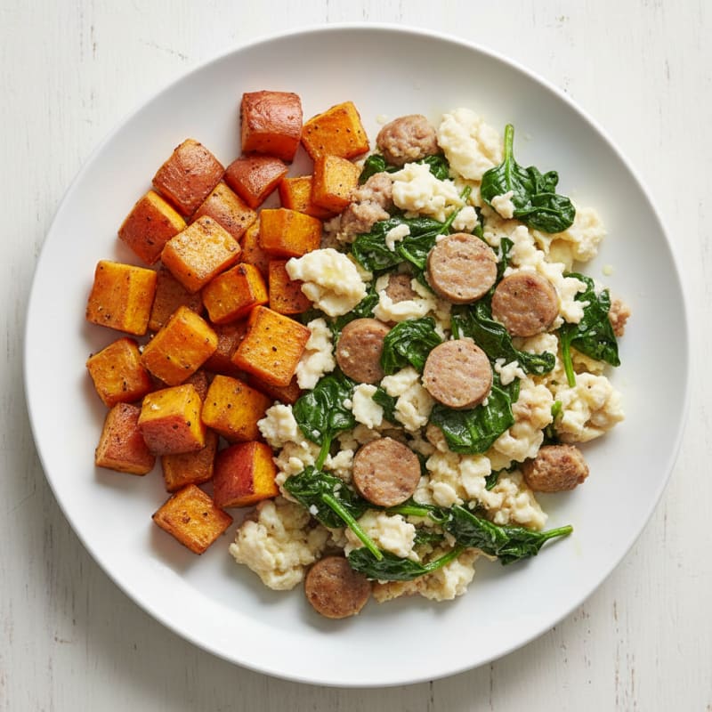 Egg White and Turkey Sausage Scramble with Spinach and Roasted Sweet Potatoes