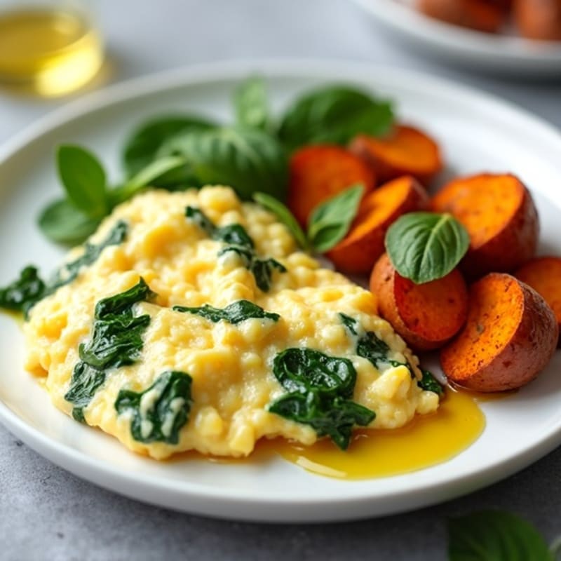 Egg White and Spinach Scramble with Roasted Sweet Potatoes