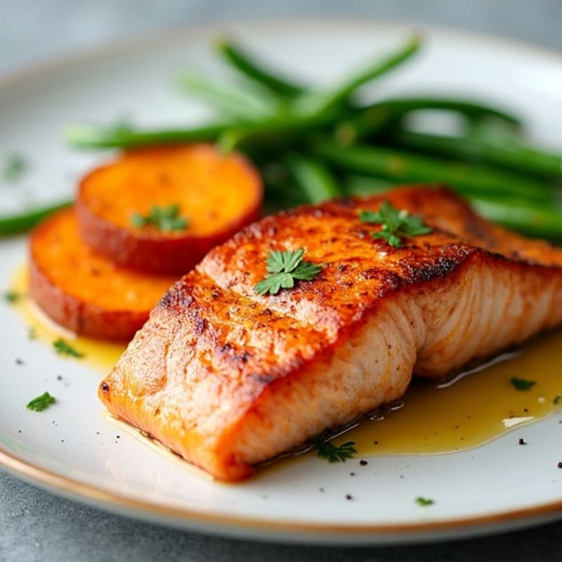 Seared Salmon with Roasted Sweet Potatoes and Green Beans