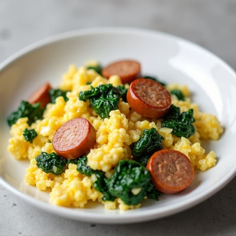 Egg White Scramble with Turkey Sausage and Sautéed Spinach
