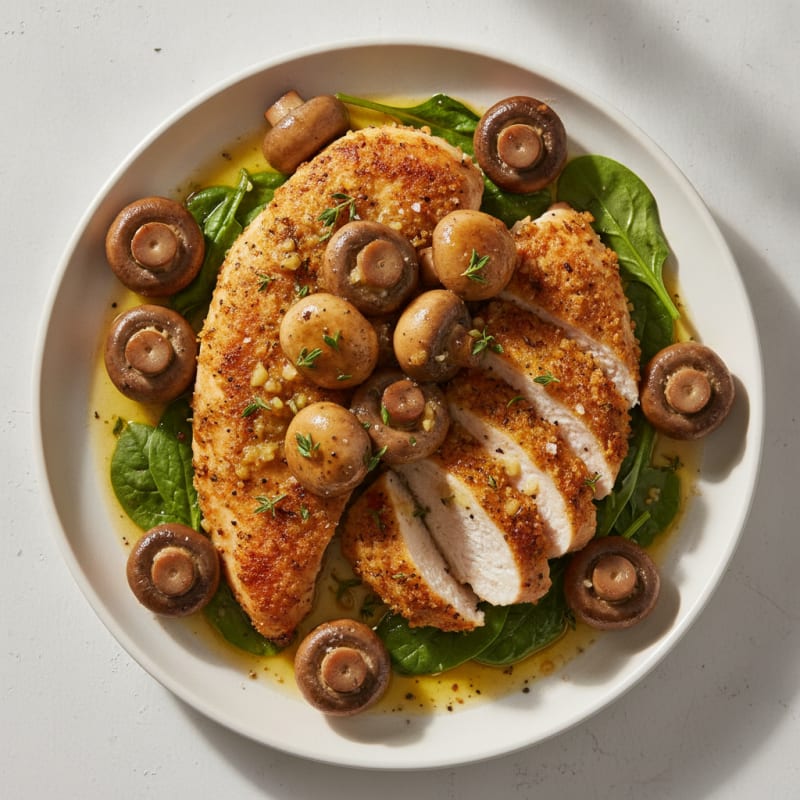 Roasted Garlic Butter Mushrooms with Herb-Crusted Chicken