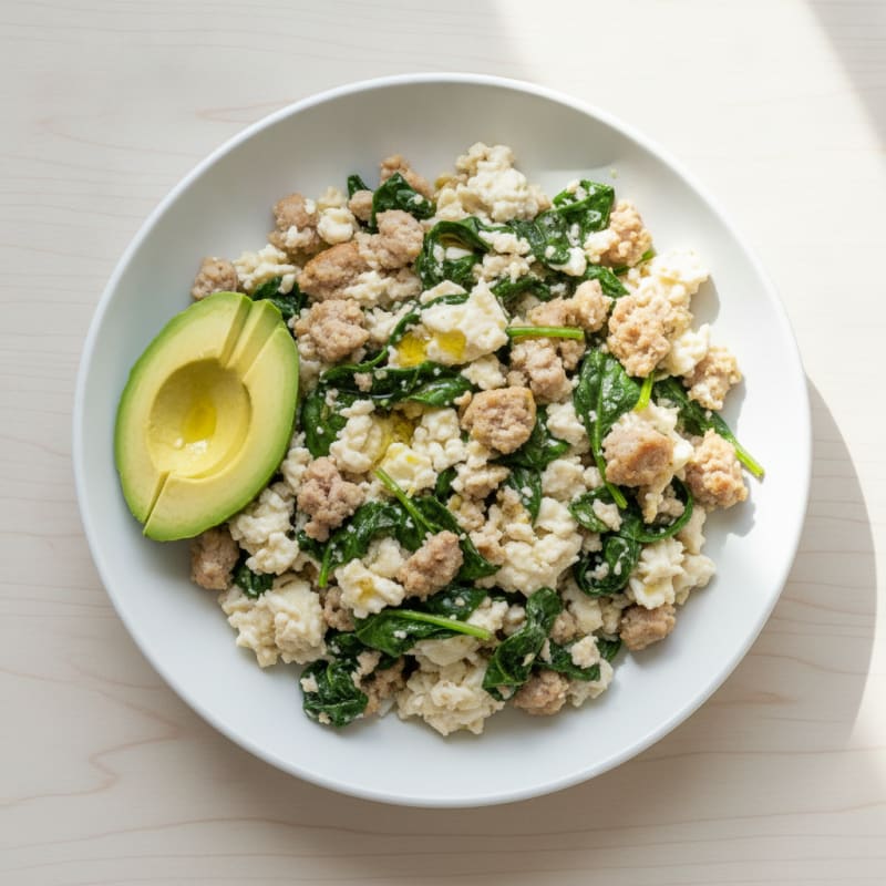 Egg White and Turkey Sausage Scramble with Sautéed Spinach
