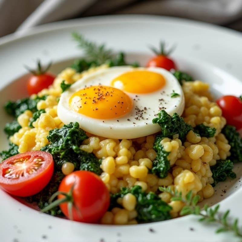 Fluffy Scrambled Eggs with Sautéed Spinach and Cherry Tomatoes