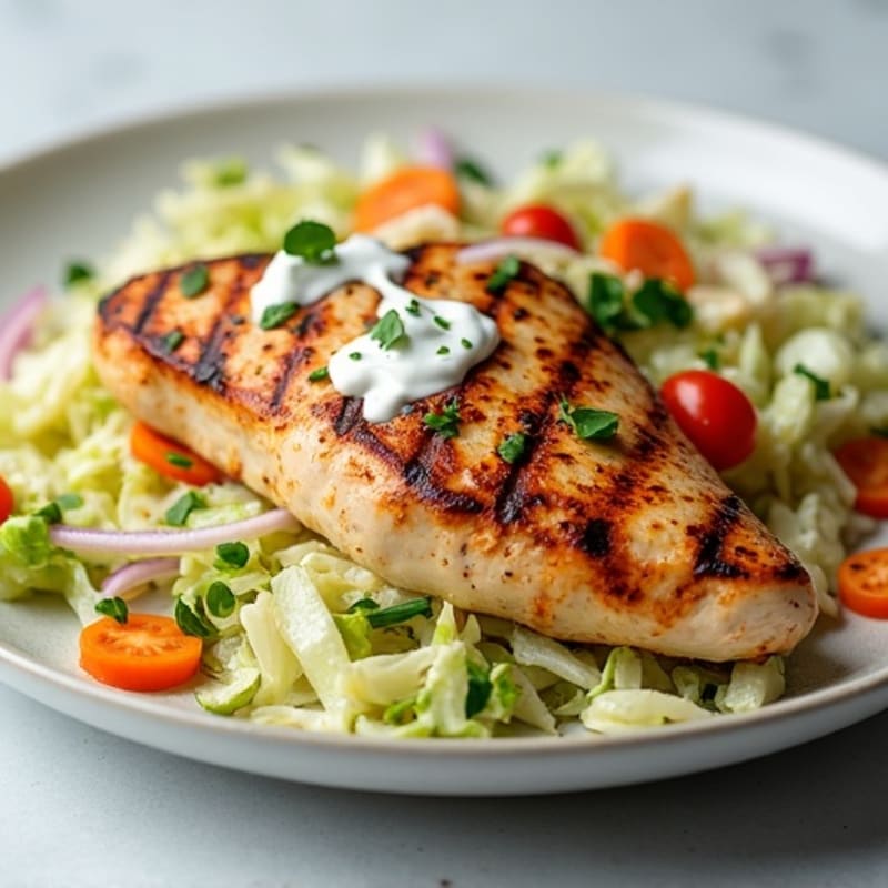 Grilled Chicken Breast with Crunchy Cabbage Slaw and Lemon Yogurt Dressing