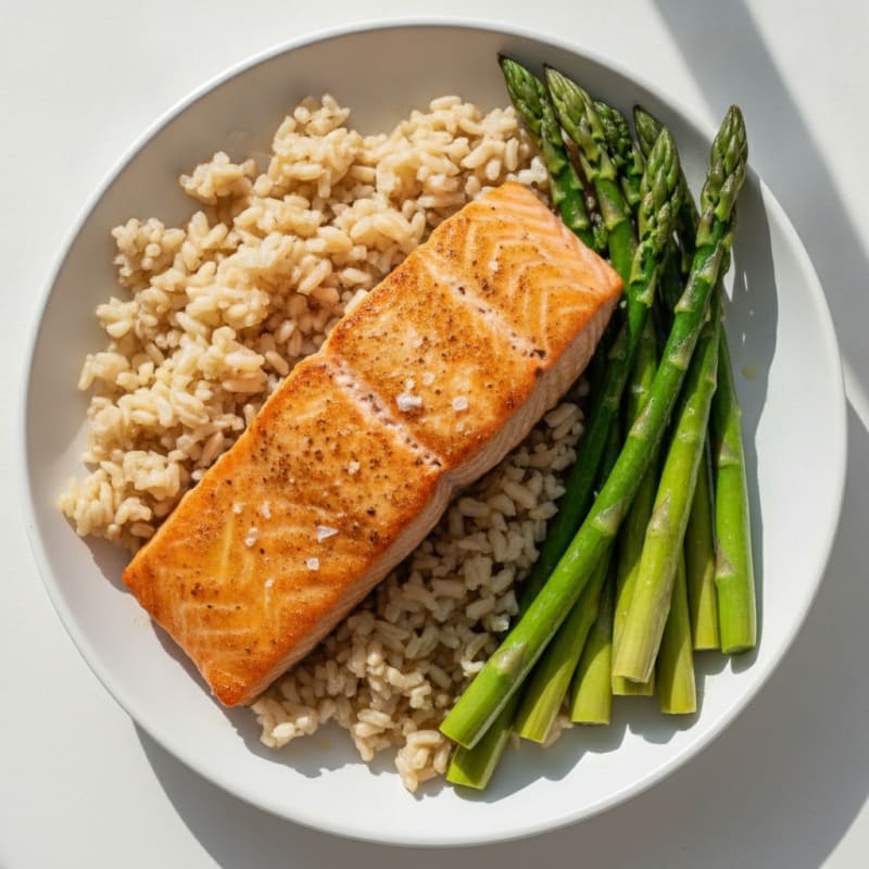 Seared Salmon with Steamed Asparagus and Brown Rice
