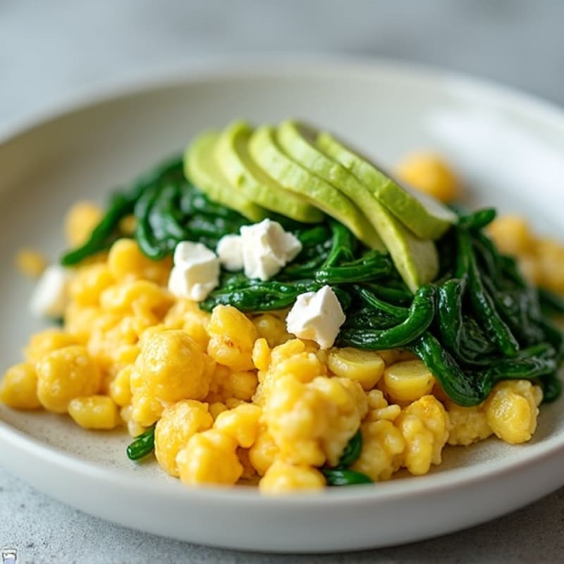 Creamy Scrambled Eggs with Sautéed Greens and Avocado