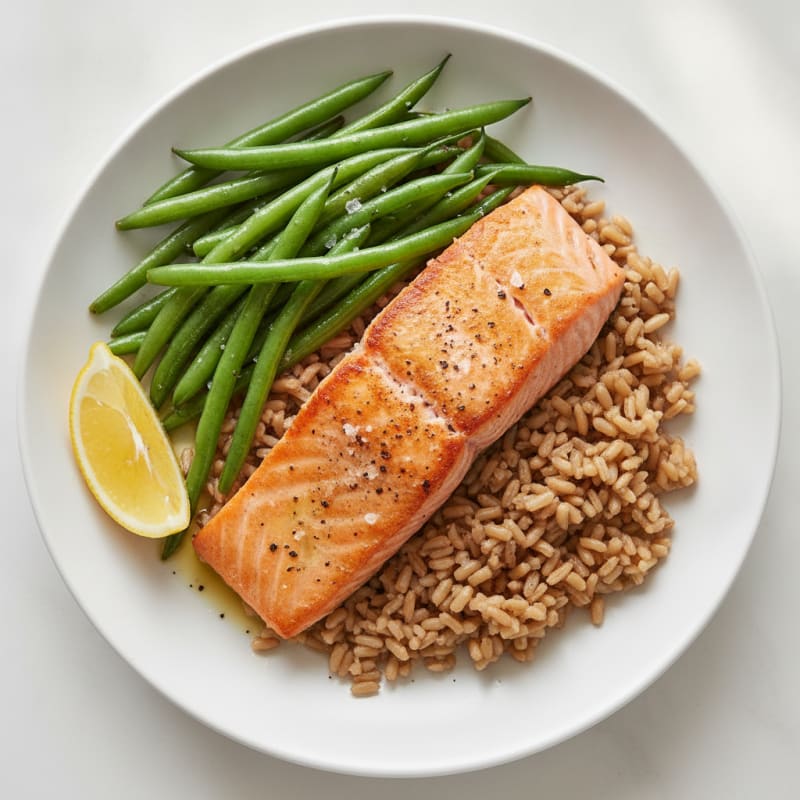Seared Salmon Fillet with Steamed Green Beans and Brown Rice