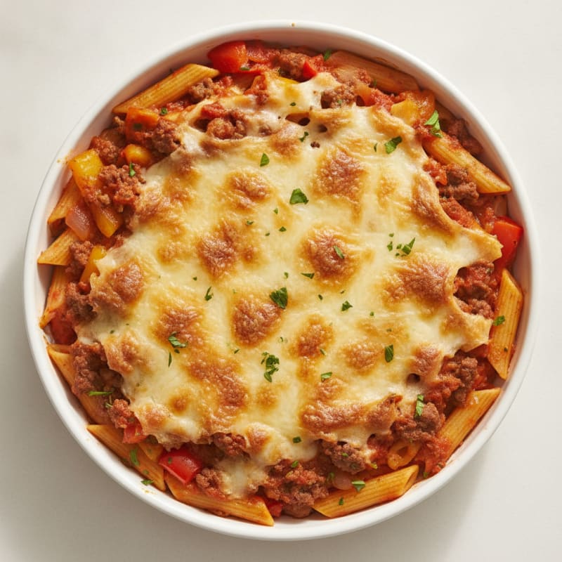 Lean Beef Pizza Pasta Bake with Bell Peppers and Mozzarella