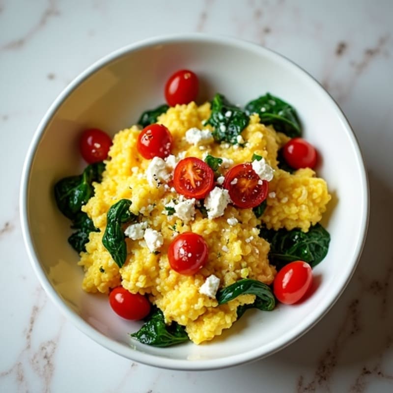 Fluffy Scrambled Eggs with Sautéed Greens and Cherry Tomatoes