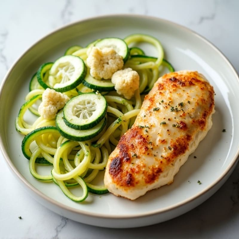 Creamy Cauliflower Alfredo Chicken with Zucchini Noodles