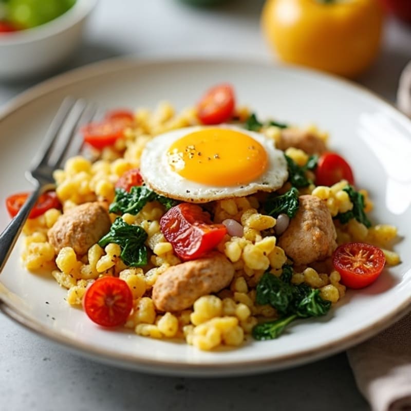 Egg and Chicken Veggie Scramble with Plantain