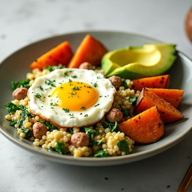 Egg White Spinach Scramble with Turkey Sausage and Roasted Sweet Potatoes