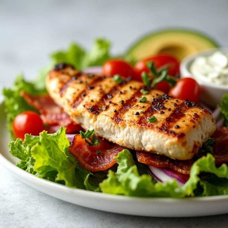 Grilled Chicken & Crispy Bacon BLT Salad with Creamy Avocado Dressing