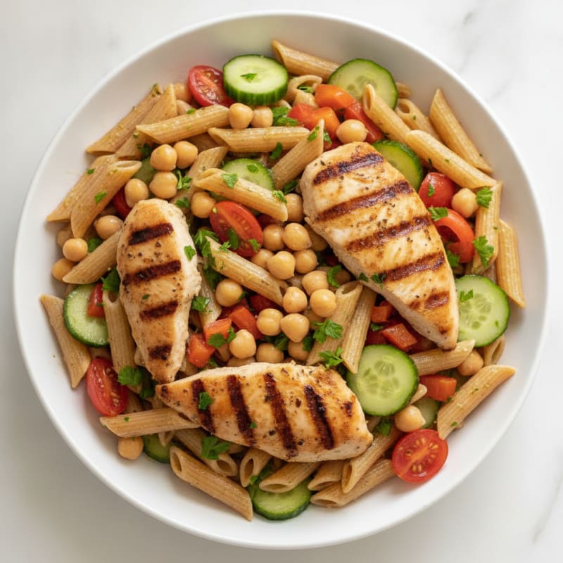 Grilled Chicken and Chickpea Pasta Salad with Fresh Vegetables
