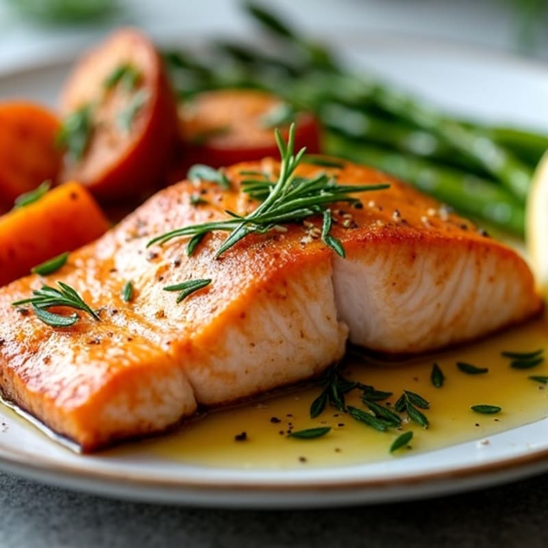 Seared Salmon Fillet with Roasted Sweet Potatoes and Asparagus