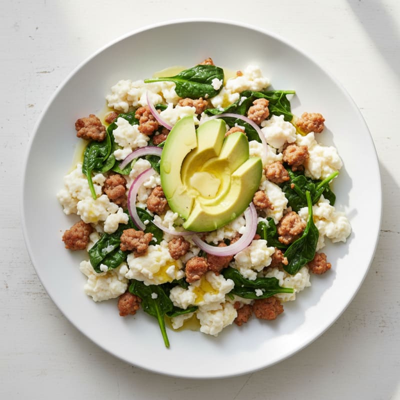 Egg White Scramble with Turkey Sausage and Sautéed Spinach