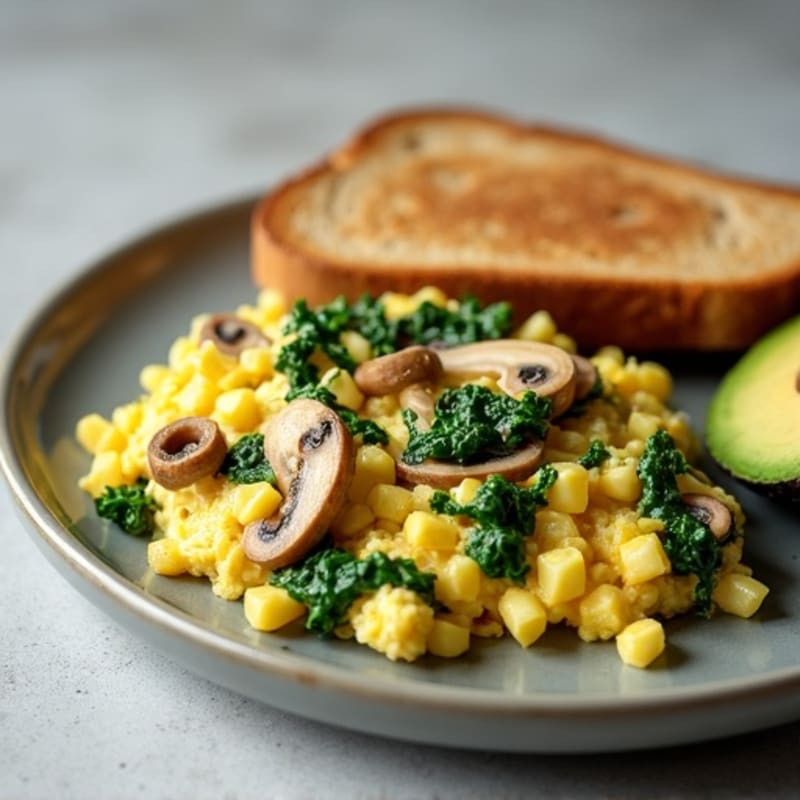 Creamy Cottage Cheese Scramble with Spinach and Sautéed Mushrooms