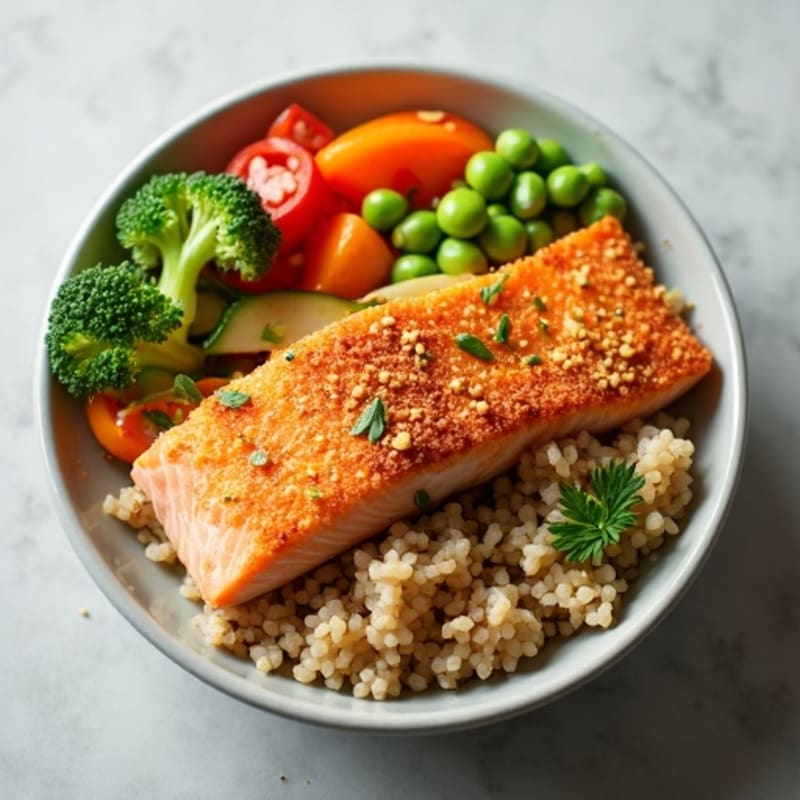 Crispy Salmon and Fresh Vegetable Rice Bowl