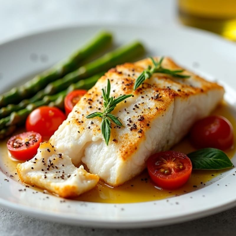Broiled Cod with Roasted Asparagus and Cherry Tomatoes