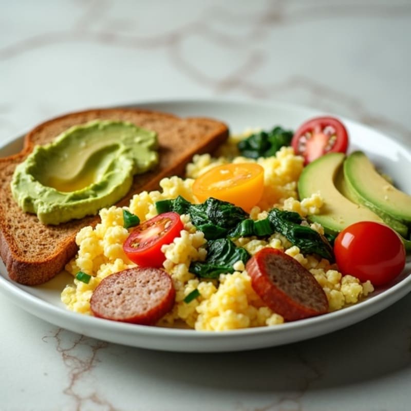 Egg White and Turkey Sausage Scramble with Sautéed Spinach and Avocado Toast