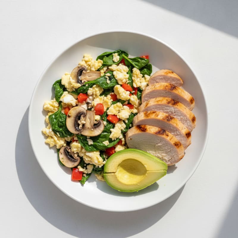 Egg White Veggie Scramble with Grilled Turkey Breast
