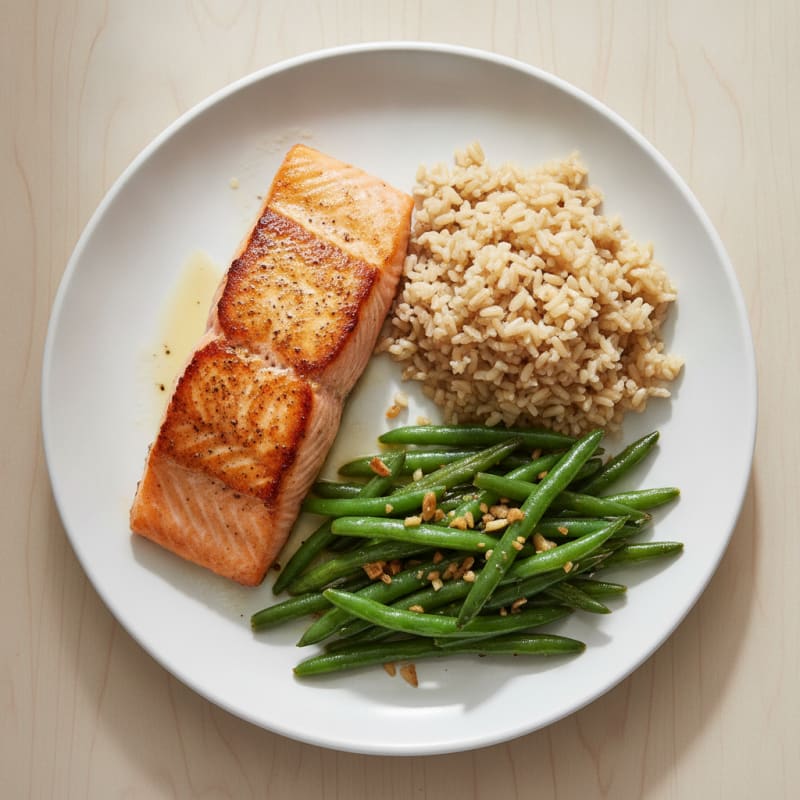 Seared Salmon with Garlic Green Beans and Brown Rice