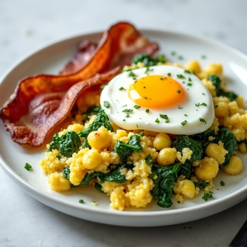 Egg White Spinach Scramble with Cottage Cheese and Turkey Bacon