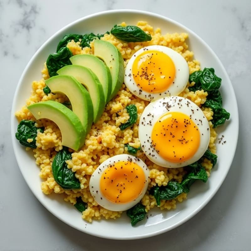 Creamy Scrambled Eggs with Fresh Spinach and Sliced Avocado