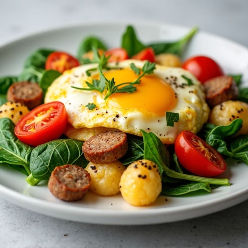 Egg White and Turkey Sausage Scramble with Spinach and Cherry Tomatoes