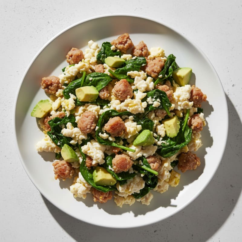 Egg White and Turkey Sausage Scramble with Sautéed Spinach