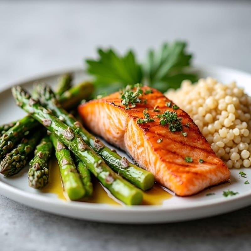 Seared Salmon with Roasted Asparagus and Quinoa