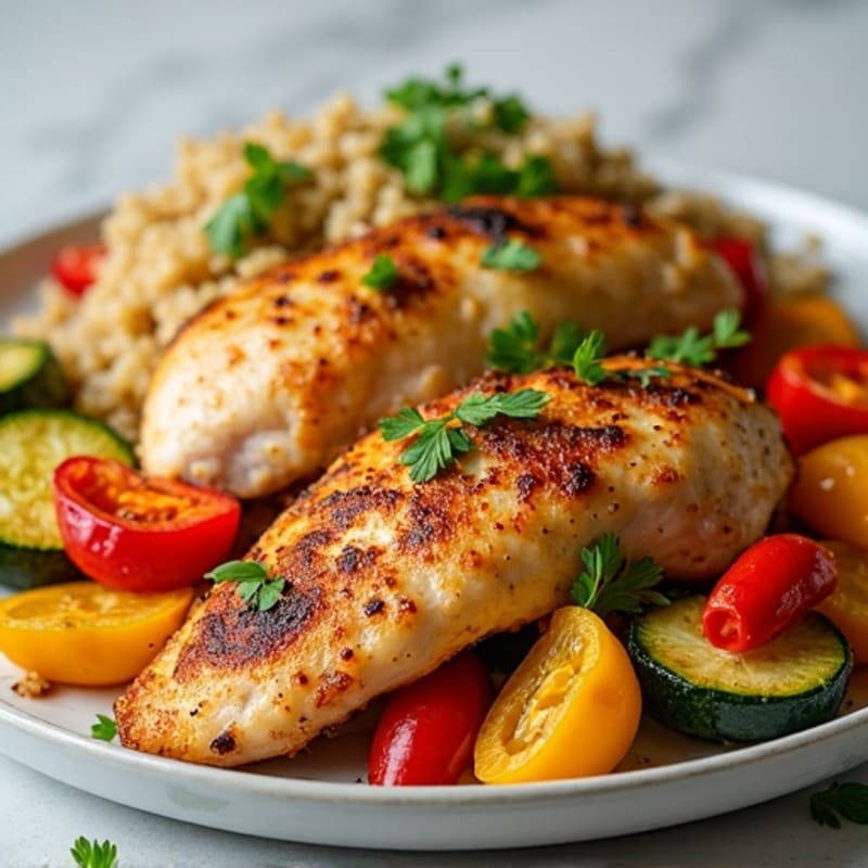 Sheet Pan Roasted Chicken and Crispy Vegetables with Quinoa