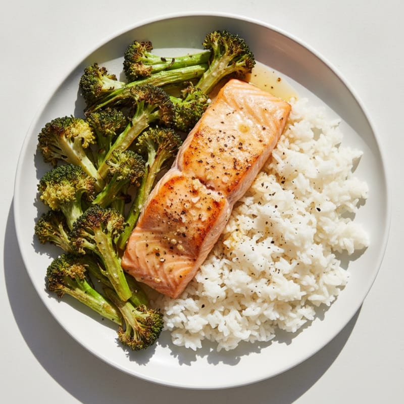Baked Salmon with Roasted Broccoli and Rice