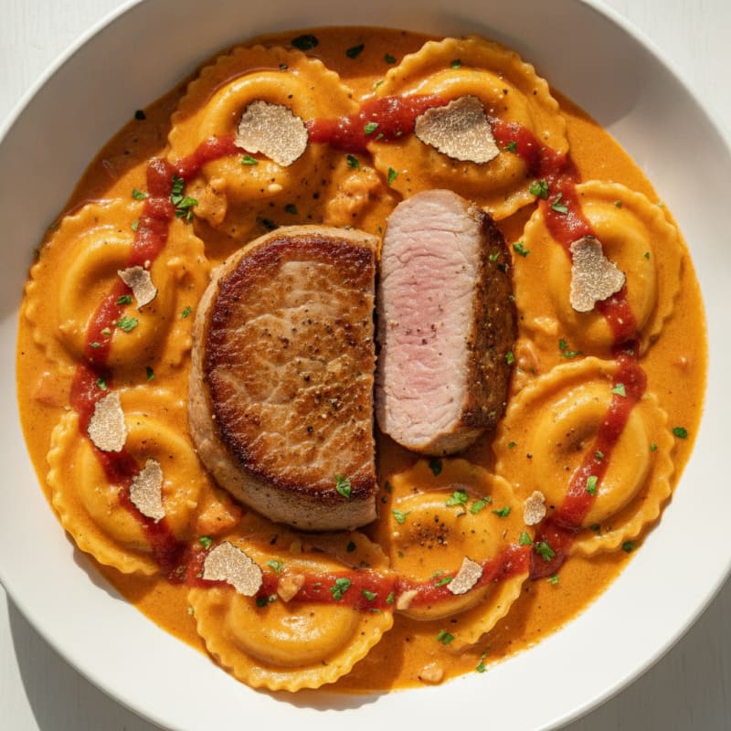 Gammon Steak with Truffle Mezzelune and Tomato Mascarpone