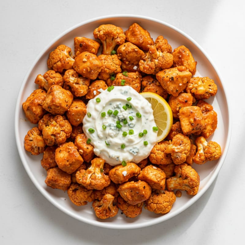 Buffalo Cauliflower and Chicken Bites with Blue Cheese Dip