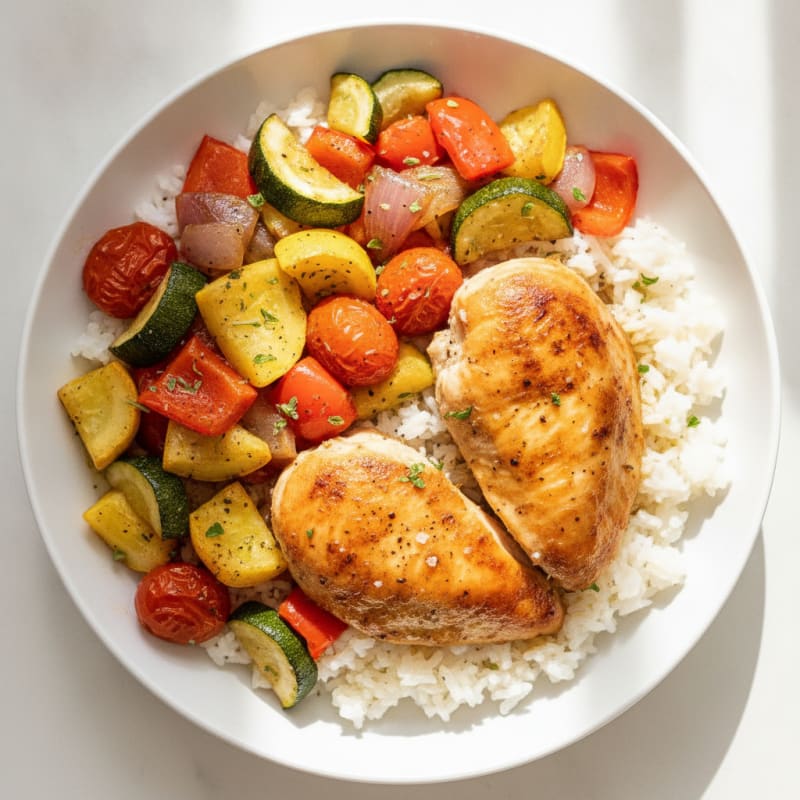 Roasted Chicken and Summer Vegetable Rice Bowl