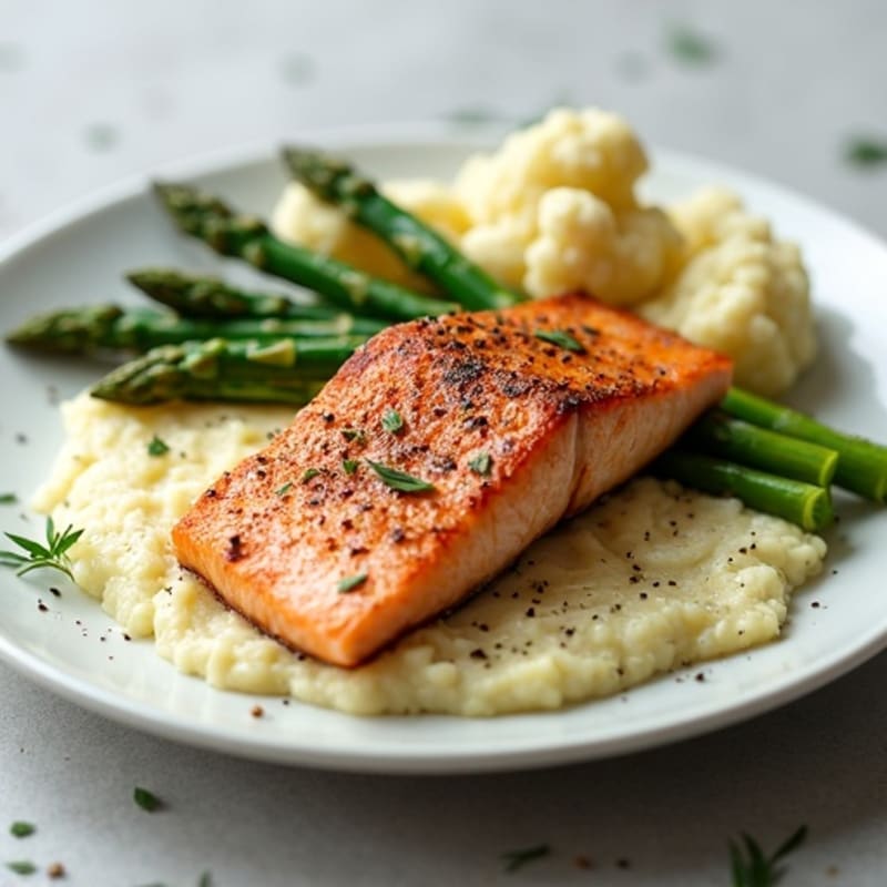 Seared Salmon with Roasted Asparagus and Cauliflower Mash