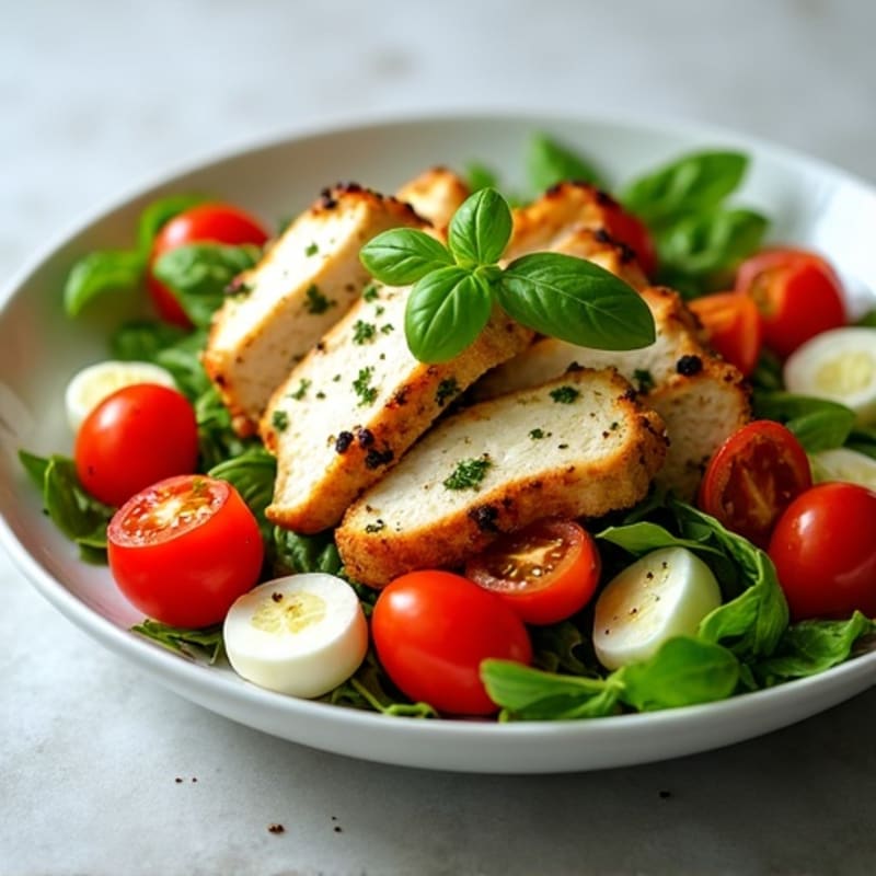 Fresh Tomato and Creamy Mozzarella Salad with Basil Pesto and Grilled Chicken