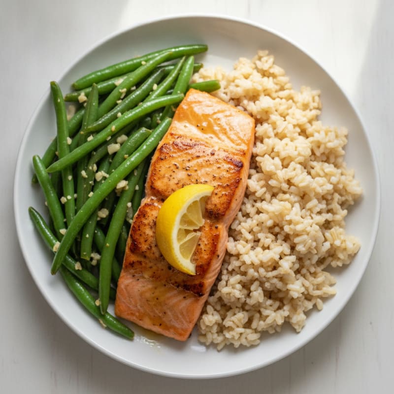 Seared Salmon with Garlic Green Beans and Steamed Brown Rice