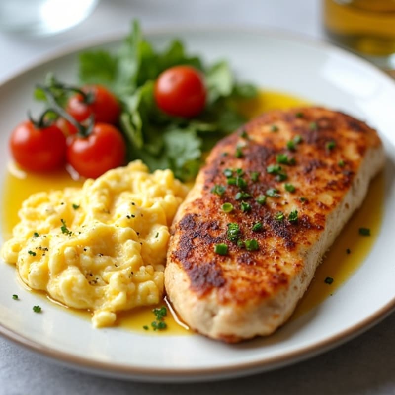 Pan-Seared Chicken with Scrambled Eggs and Burst Tomatoes