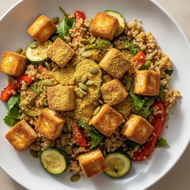 Crispy Tofu and Quinoa Salad with Roasted Vegetables and Pumpkin Seeds
