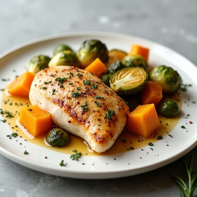 Roasted Pumpkin and Chicken with Crispy Brussels Sprouts