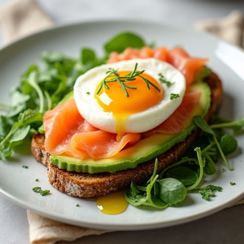 Smoked Salmon Avocado Toast with Greens and Soft Eggs