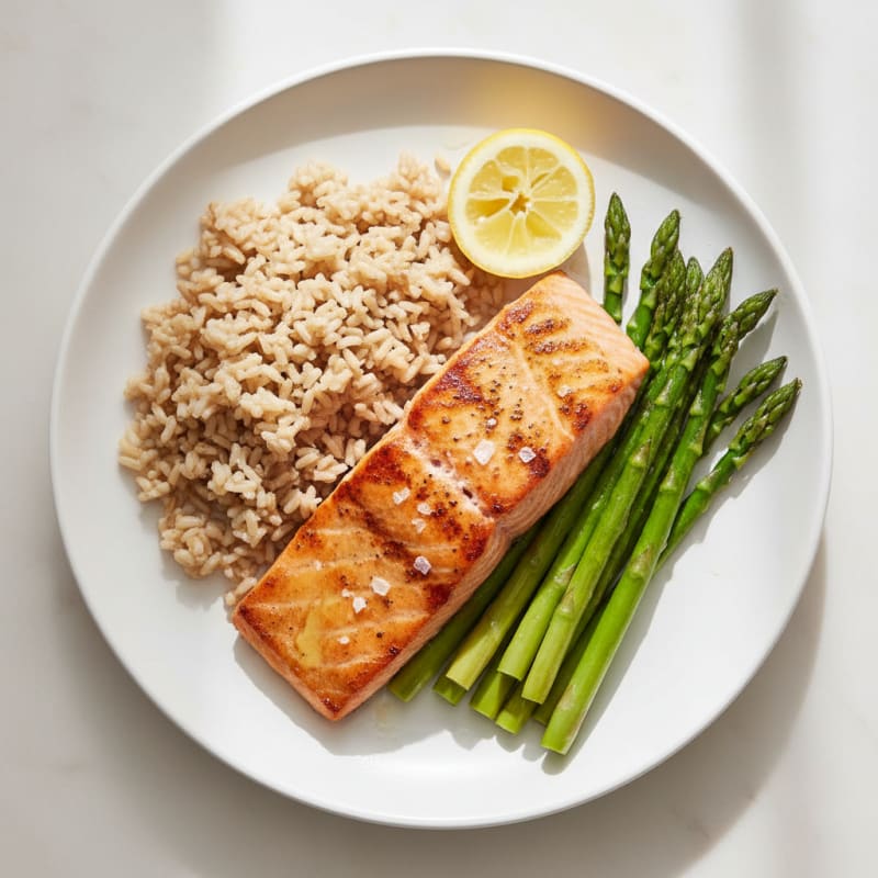 Seared Salmon Fillet with Steamed Asparagus and Brown Rice