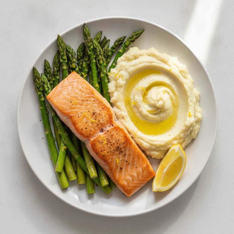 Seared Salmon with Roasted Asparagus and Garlic Cauliflower Mash